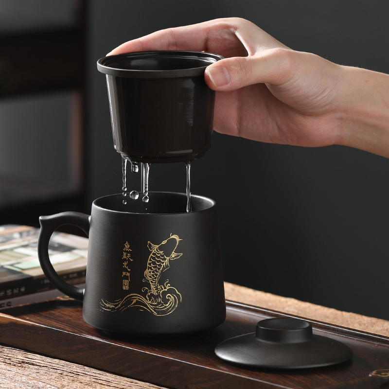 紫砂办公杯家用个人喝茶泡茶杯子大容量茶水分离过滤陶瓷水杯定制