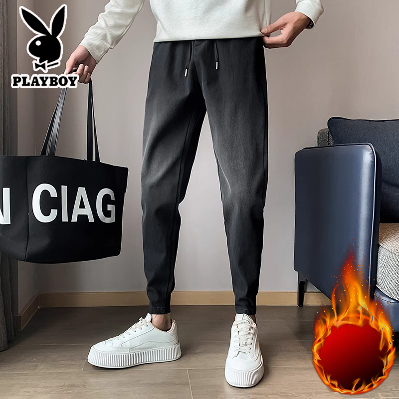 PLAYBOY男士牛仔裤潮流加绒加厚休闲百搭直筒束脚美式高街牛仔裤