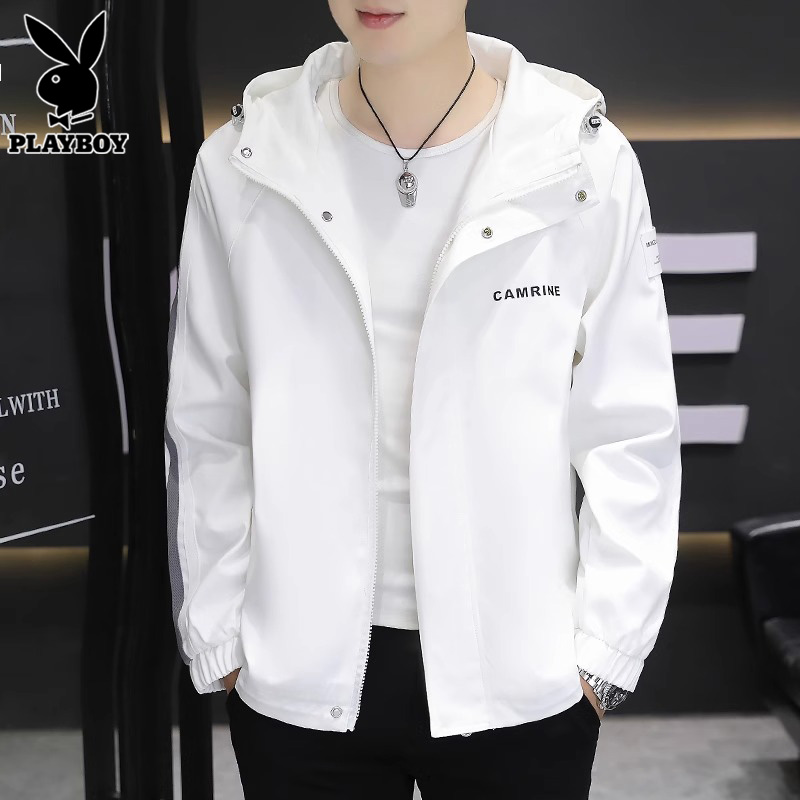 PLAYBOY秋季夹克男士连帽上衣服新款潮牌休闲白色冲锋衣外套男装