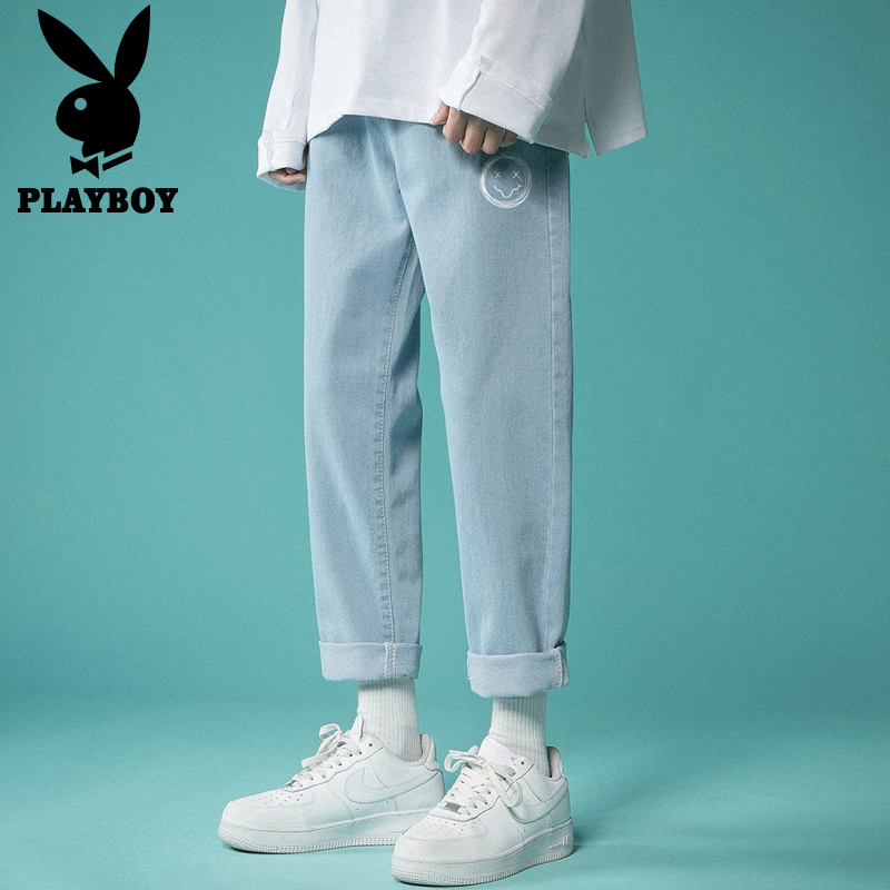PLAYBOY牛仔裤潮流时尚百搭牛长裤男款直筒宽松阔腿笑脸牛仔裤子