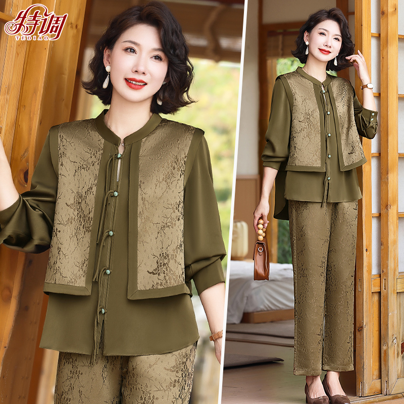 妈妈秋装套装女中老年气质长袖新款中年国风两件套时尚40岁50薄款