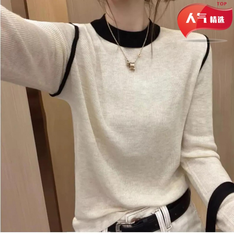 秋冬打底衫圆领拼色上衣女新款时尚百搭简约显瘦内搭针织衫