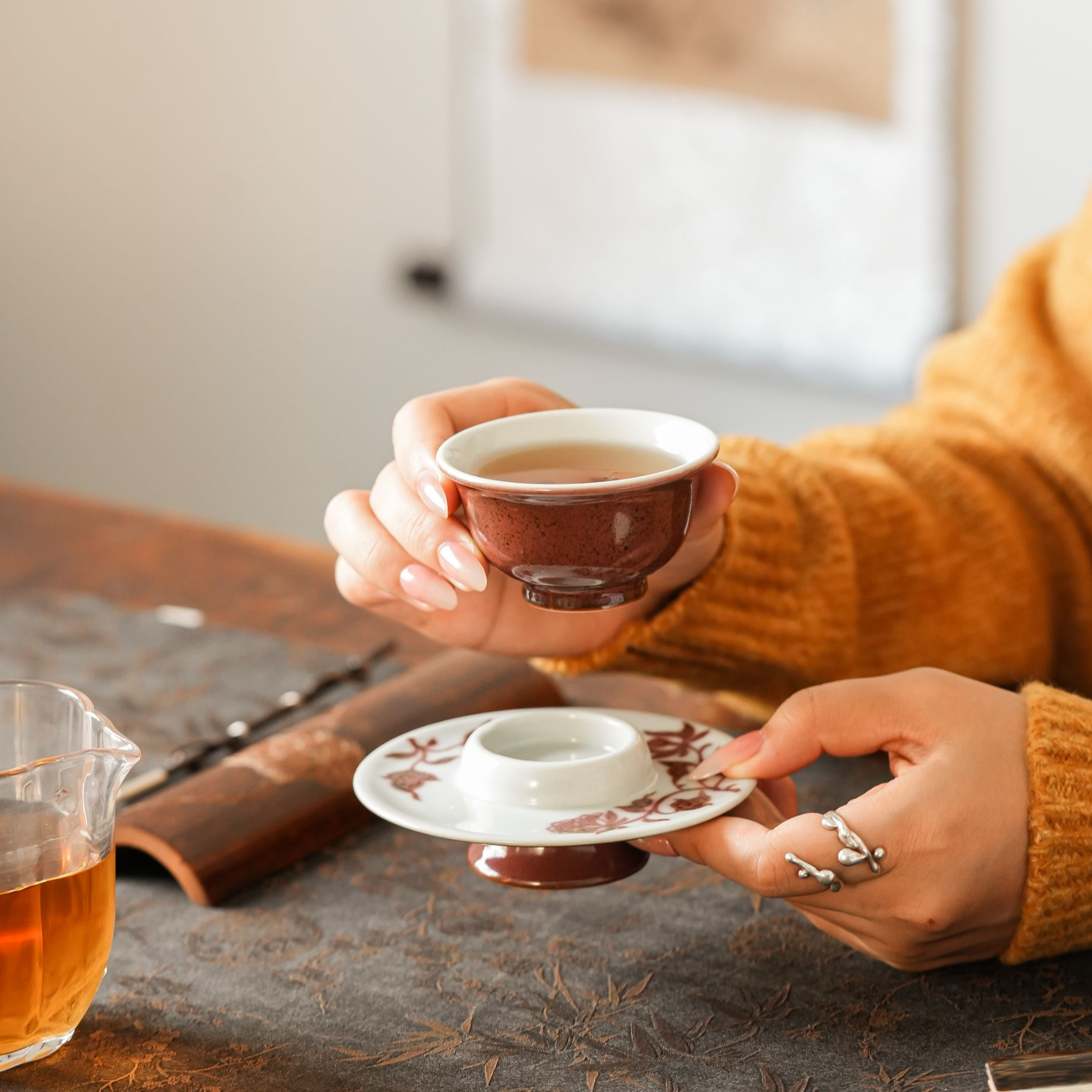 畅怀堂 釉里红杯碟 景德镇手工手绘