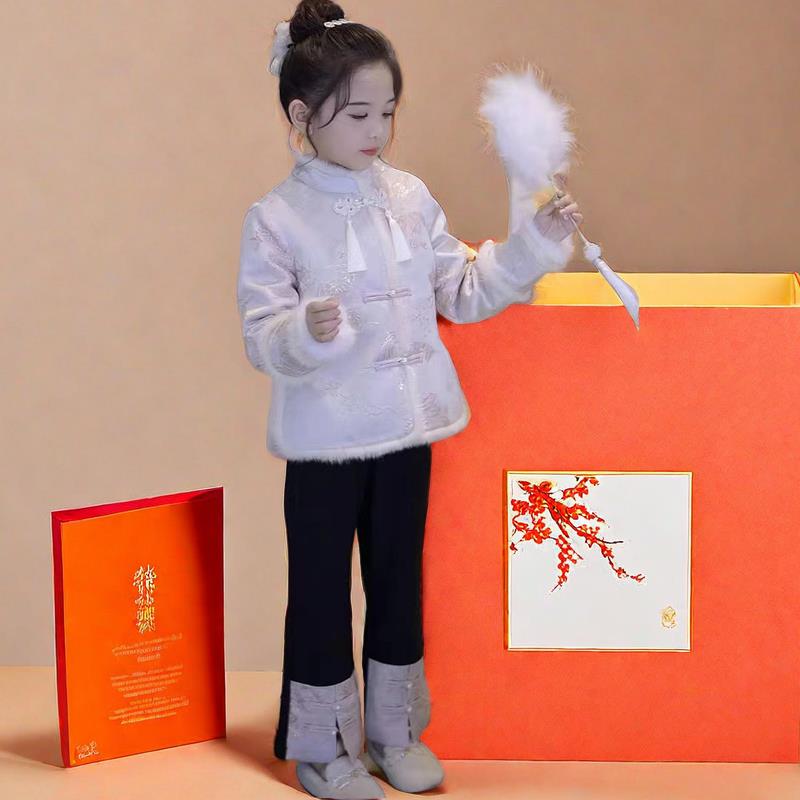 2023冬季新款加绒女童大童中国风盘扣微喇裤童装裤子拜年服套装