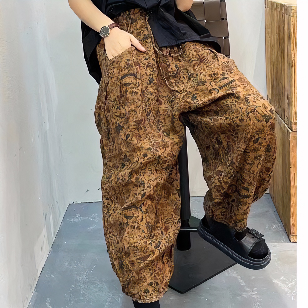 休闲复古宽松印花花色时尚百搭夏季提花亚麻大码九分裤