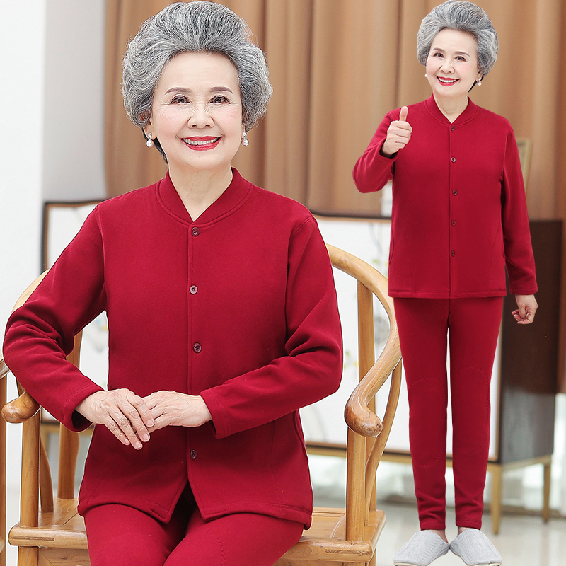 中老年人保暖内衣套装女开衫奶奶冬装加绒加厚衬衣太太妈妈两件套