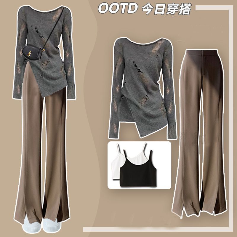 秋冬穿搭一整套装2023新款不规则长袖衬衫女背心百搭休闲裤三件套