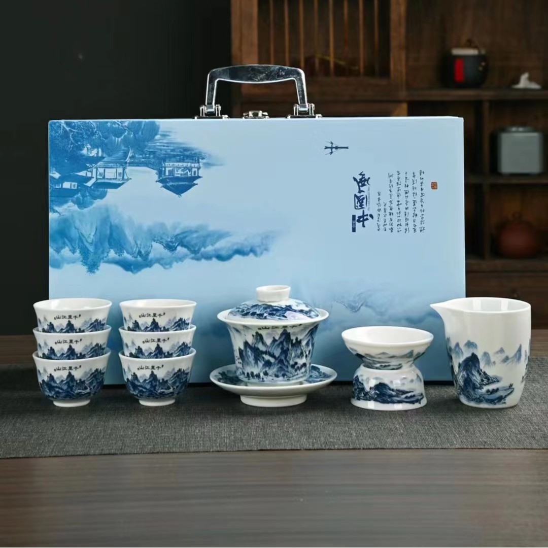高端中国风千里江山盖碗轻奢功夫茶具套装家用茶碗高档复古礼盒装