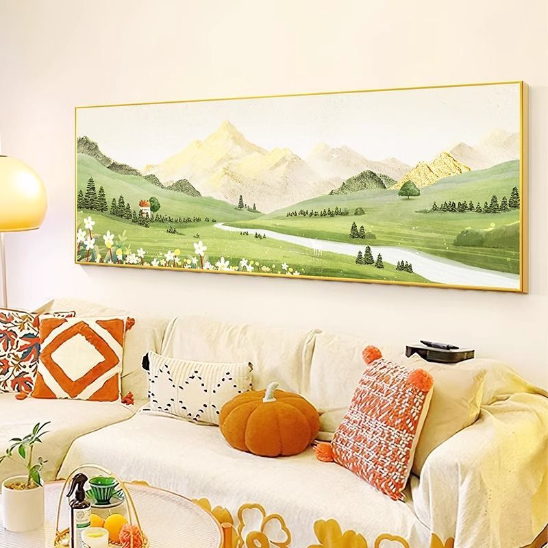 现代简约客厅装饰画卧室床头挂画绿色系风景画山水大幅壁画奶油风