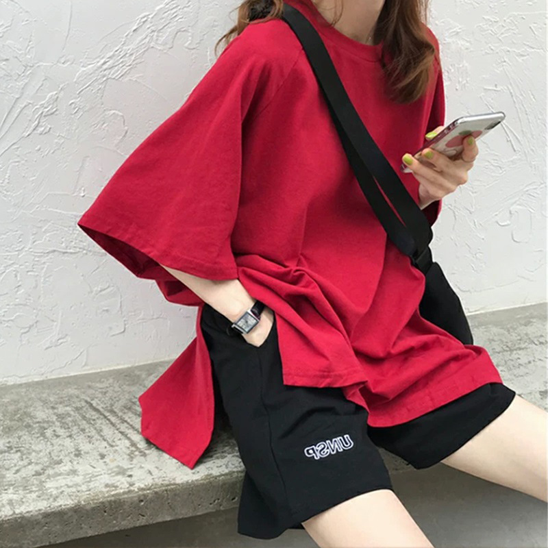 侧开叉T恤女oversize下衣失踪短袖夏红色中长款欧货大版2023新款