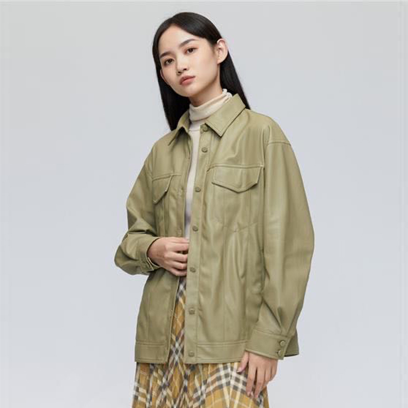 美邦ME &CITY皮衣女2023春秋新款衬衫领复古皮夹克外套PU美式机车
