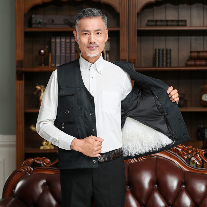 中老年滩羊毛羊羔毛背心多口袋马甲加厚保暖内胆坎肩爸爸装男士冬