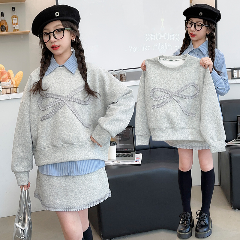 棉致秋季女童宽松卫衣短裙两件套中大童蝴蝶结休闲套装MZD195-9H