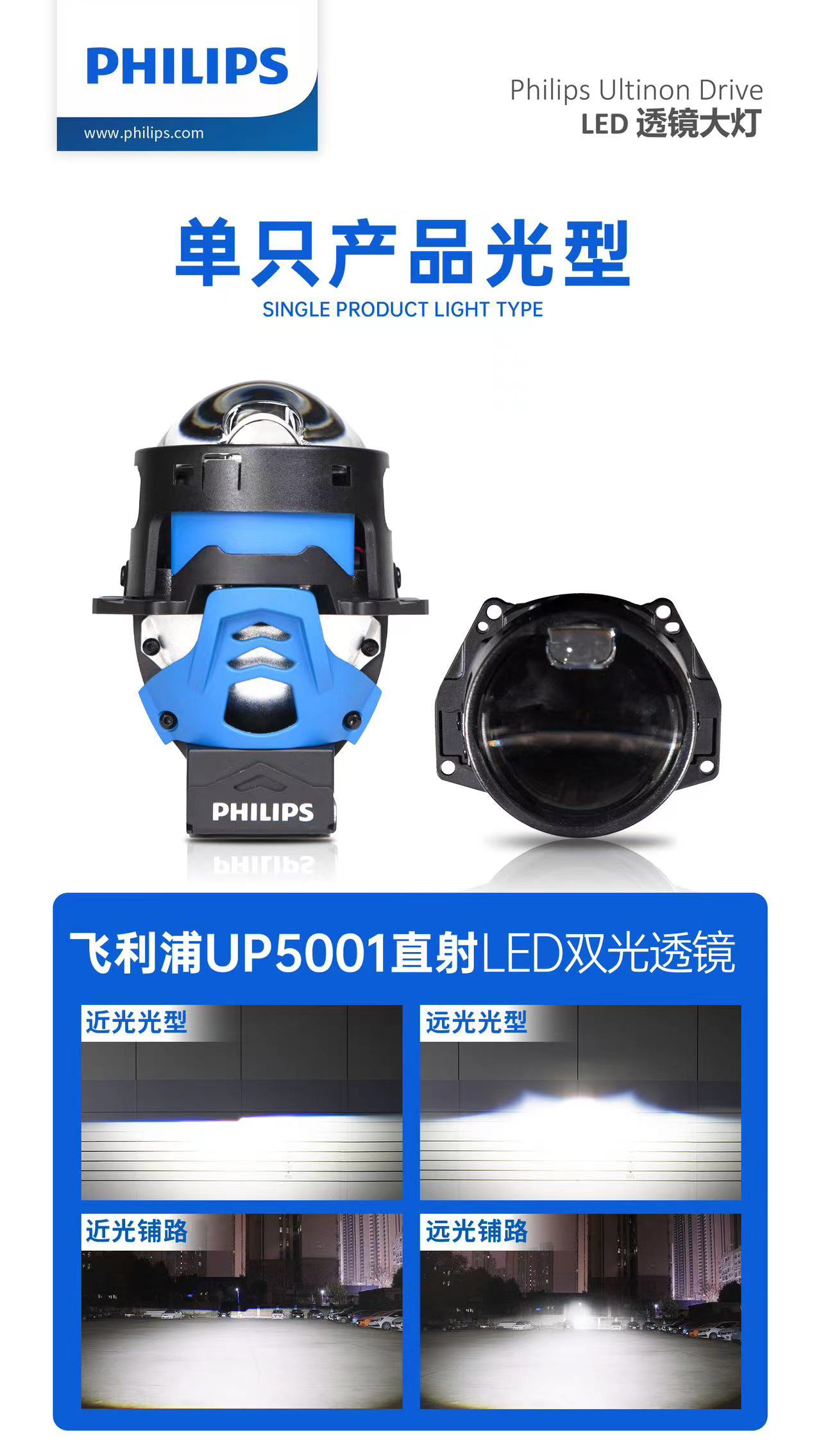 飞利浦UP5001直射LED双光透镜，透镜安装，太原车灯改装