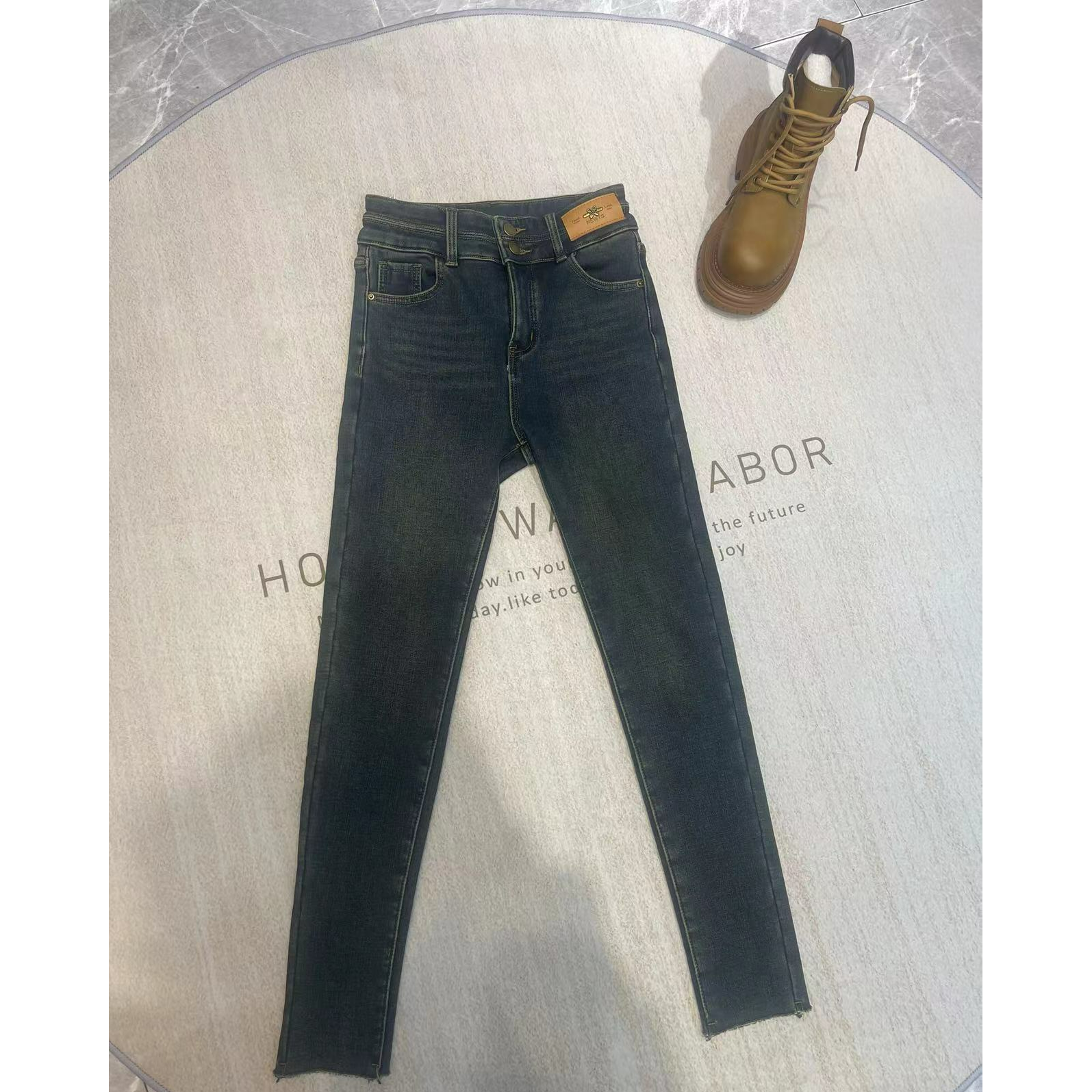 「国潮®原创」蝴蝶标高腰加绒小脚牛仔裤弹力修身显瘦铅笔裤靴裤