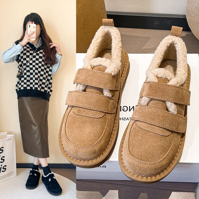 厚底增高魔术贴丑萌鞋2023冬软皮复古勃肯鞋女加绒羊羔毛毛毛棉鞋