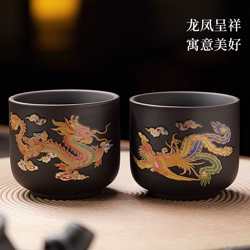 14变色龙凤紫砂主人杯家用陶瓷手工大号大红红泥对杯大容量