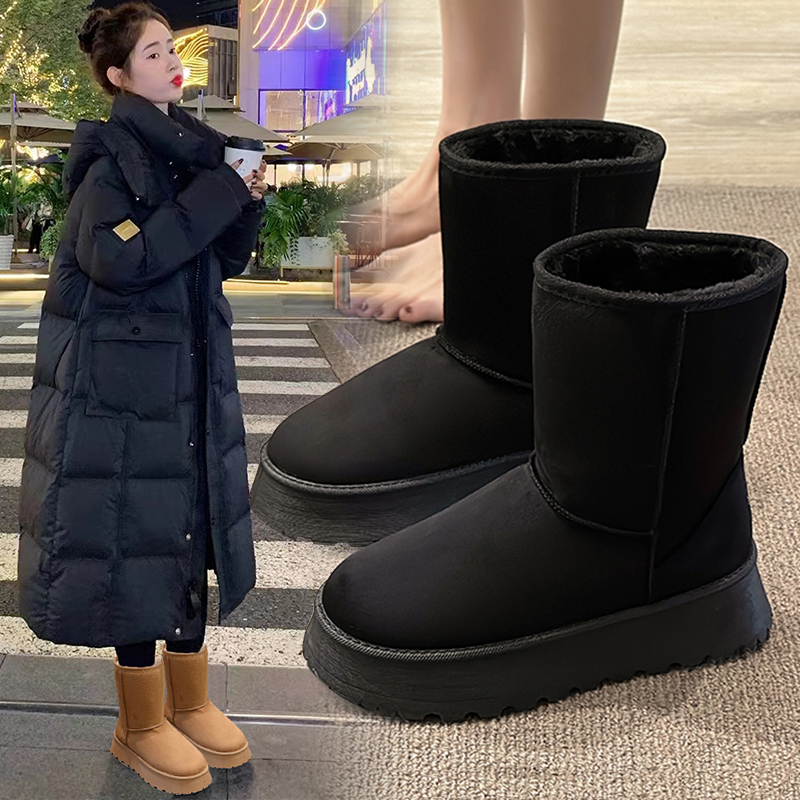 回力瑞雪地靴2023新款女爆款舒适基础加绒加厚防寒黑色款毛毛短靴