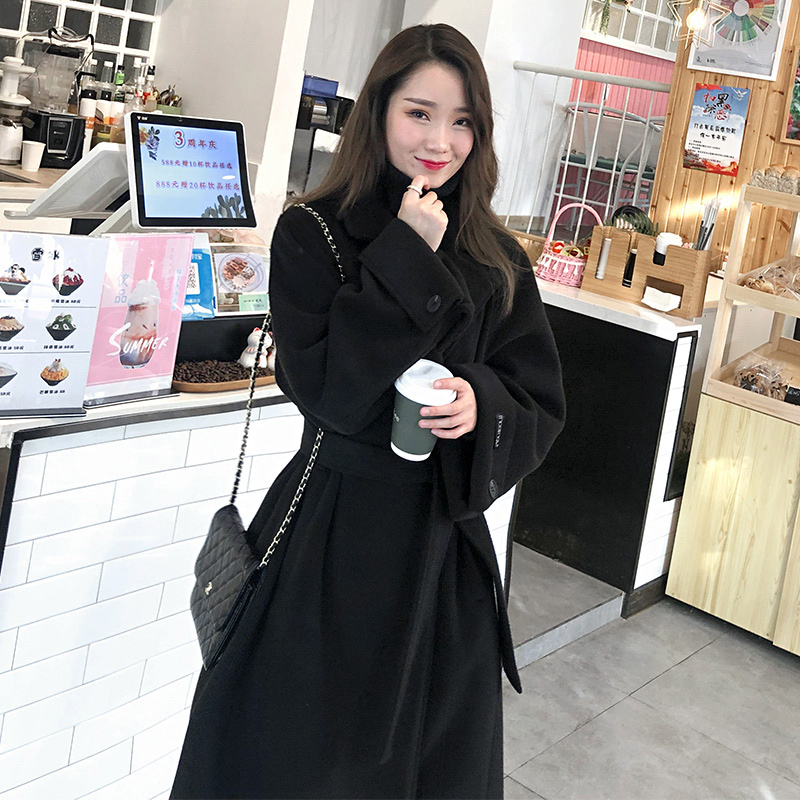 黑色大衣加厚大衣女冬季赫本风毛呢大衣宽松长款韩系大衣大码胖mm