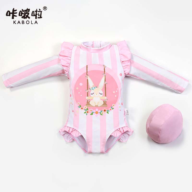 儿童泳衣2024新款女童游泳衣女孩洋气连体泳装长袖防晒装备全套粉