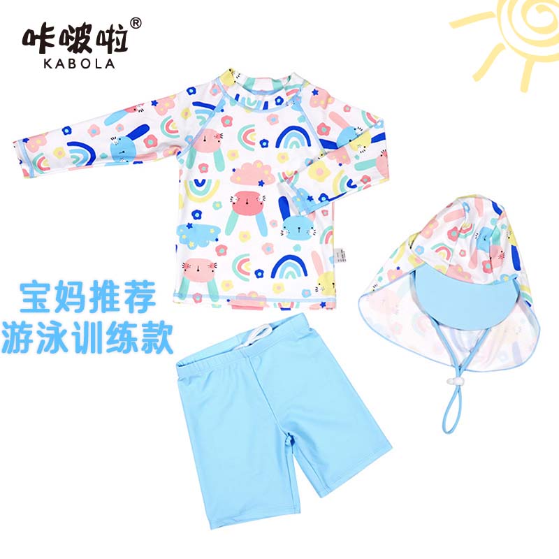新款韩版儿童泳衣套装女童卡通兔子长袖防晒速干中大童分体泳装