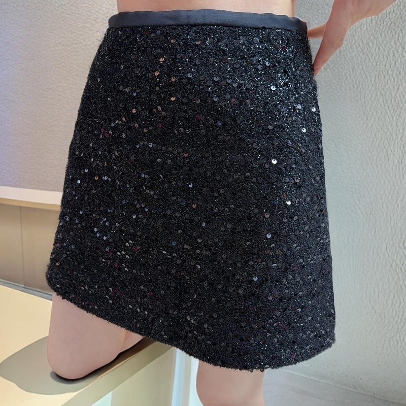 秋冬新款显瘦高腰A字手工亮片裙