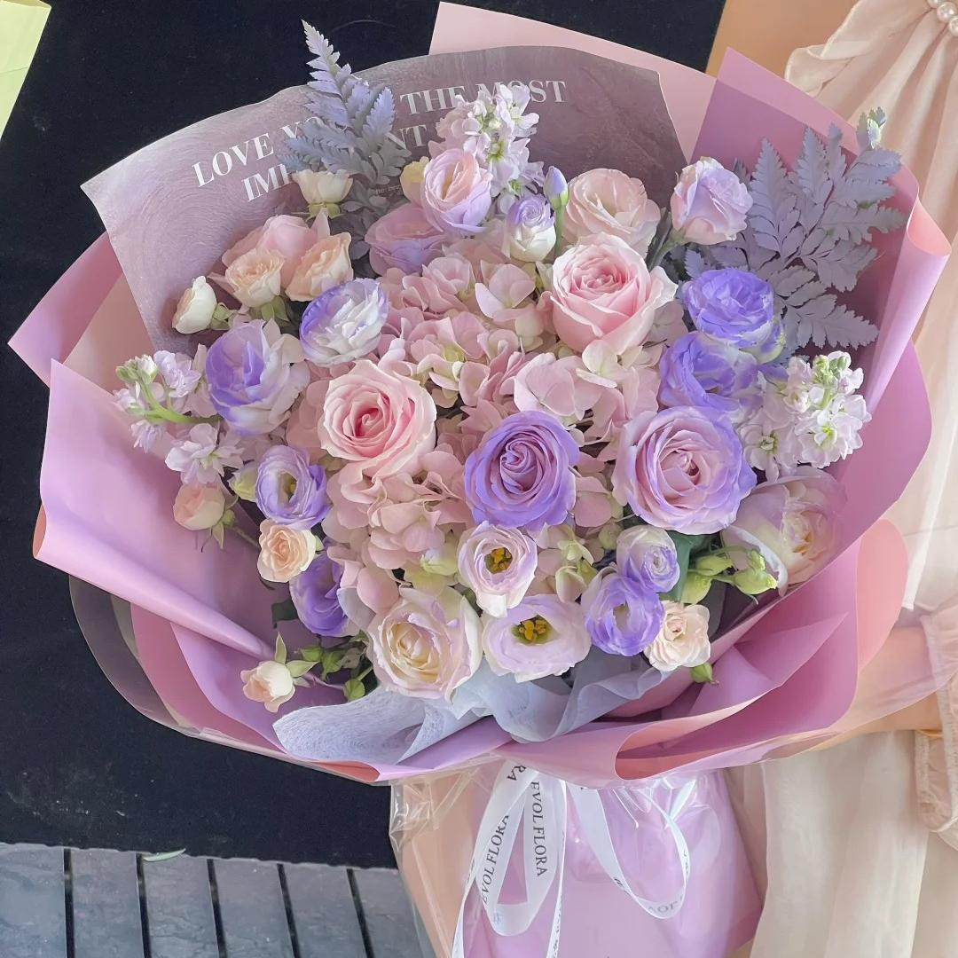 紫色经典·【一眼心动】薄雾紫粉玫瑰混搭绣球喷色鲜花束节日礼物送爱人女神表白求婚鲜花速递团购小时达同城