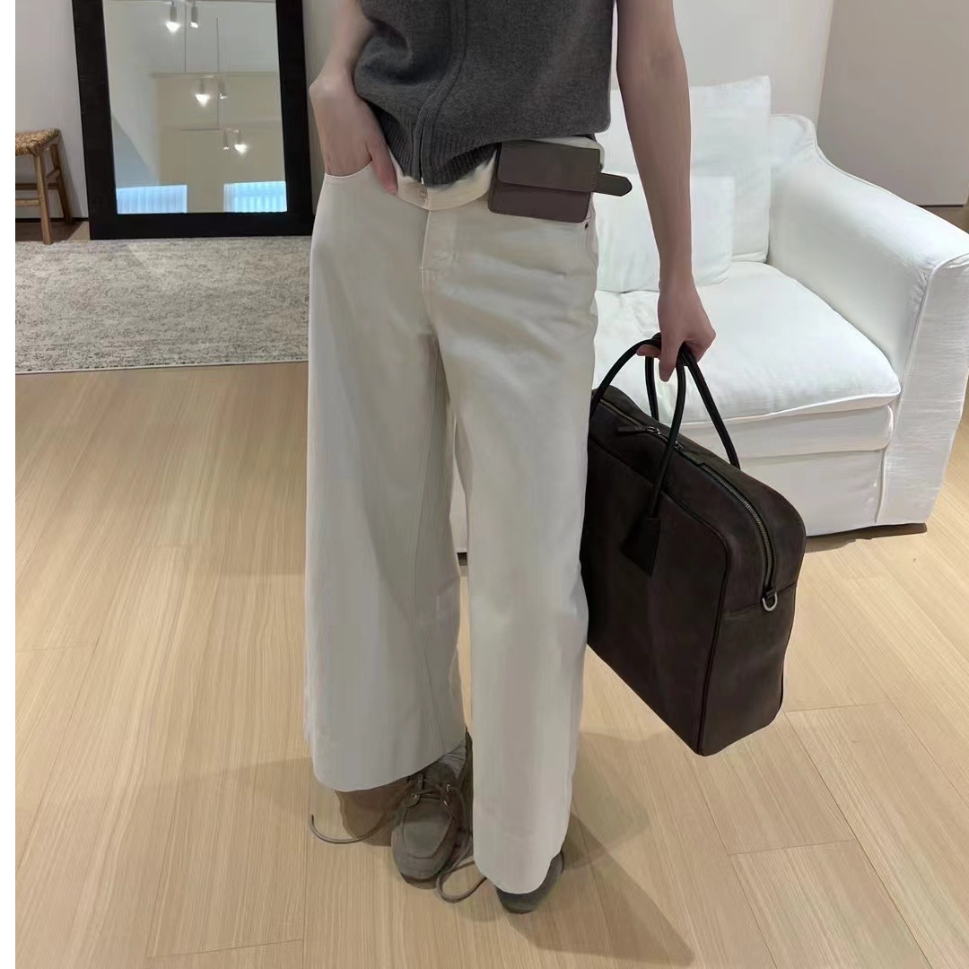 纯色白色阔腿牛仔裤女2024秋季新款欧货简约风高腰直筒拖地长裤潮