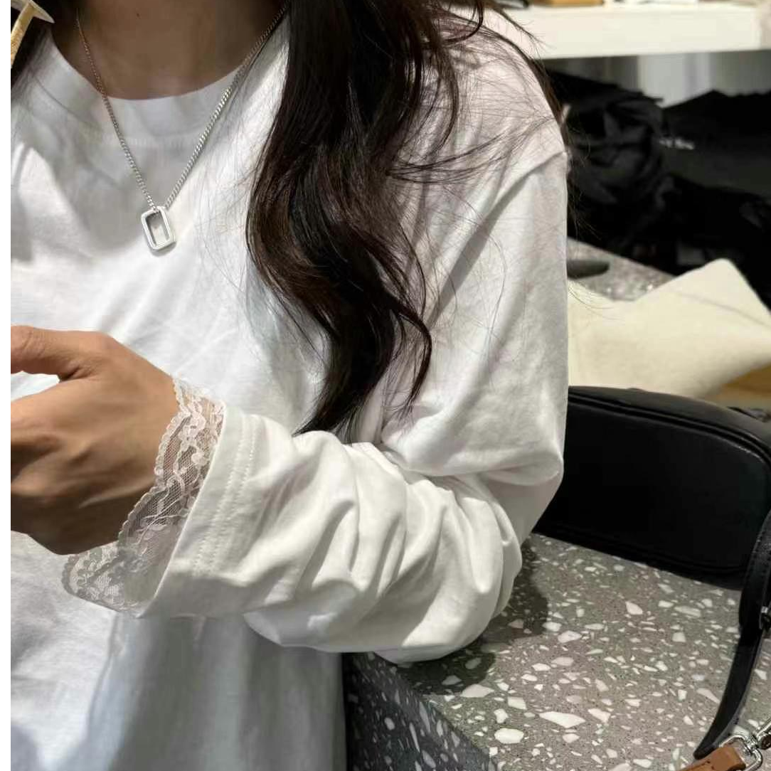设计感小众蕾丝拼接长袖T恤女春秋内搭纯色打底衫宽松慵懒上衣服