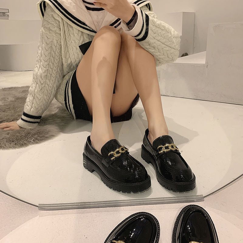 小皮鞋女英伦风新款百搭高跟乐福鞋子黑色春秋平底复2023爆款百搭