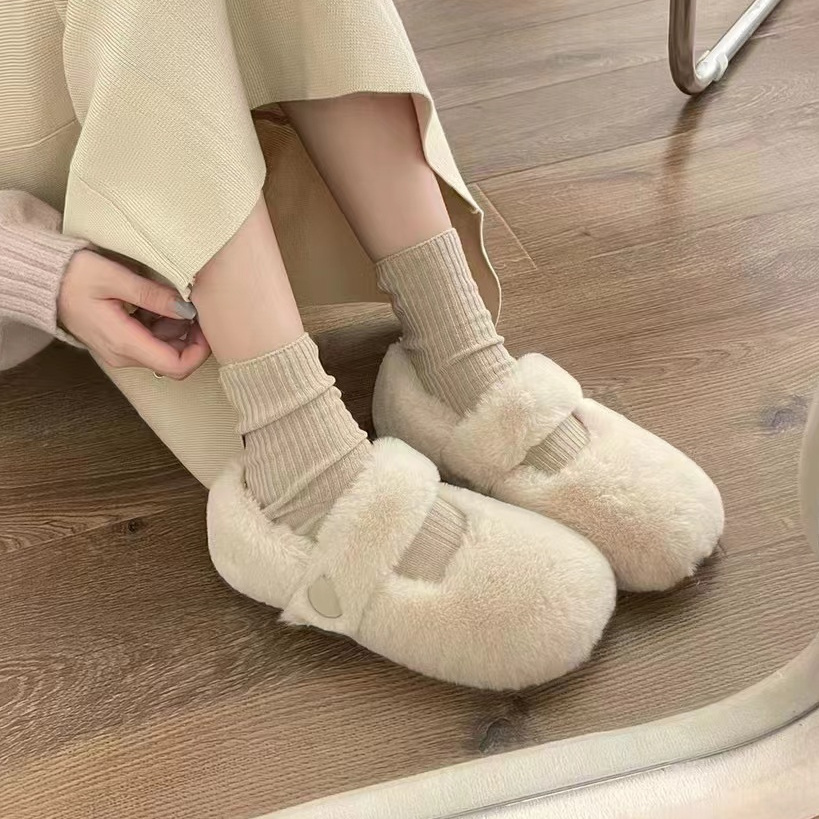 时尚百搭冬季白色毛毛豆豆鞋女外穿法式配裙子加绒棉鞋一字带爆款