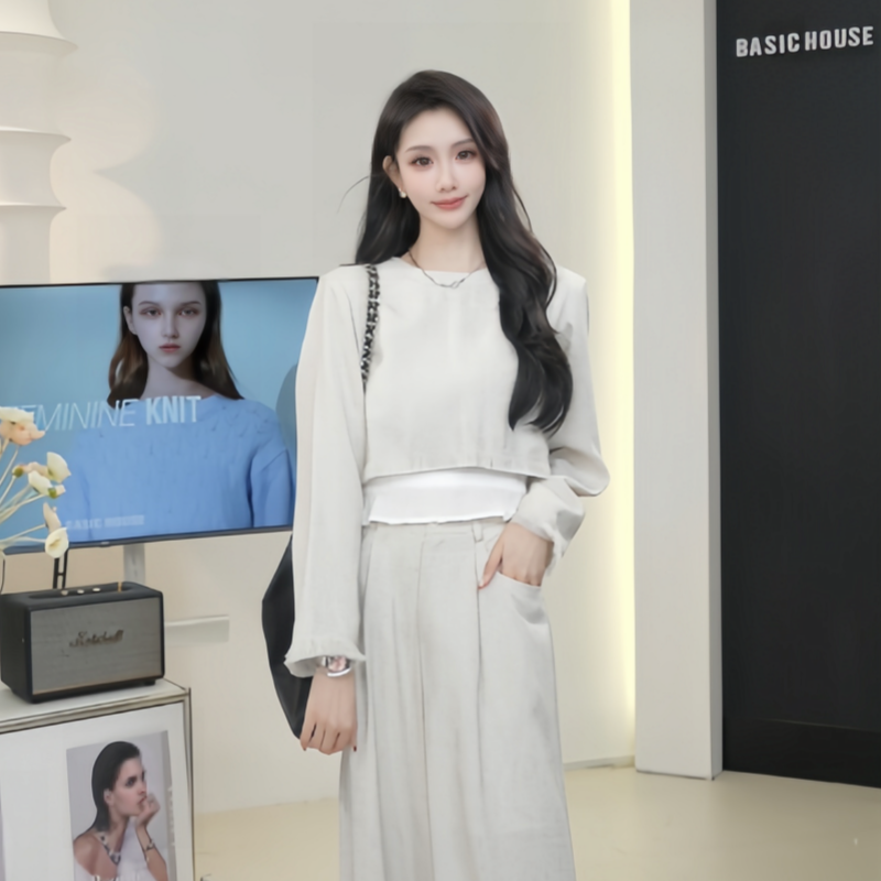 Basic House/百家好TS时尚轻奢小香风显瘦拼接上衣两件套女DQ821
