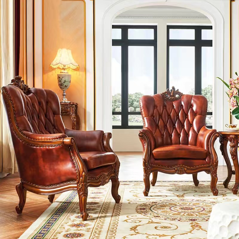 美式实木沙发椅真皮休闲椅客厅单人老虎椅雕花长84*宽93*高114