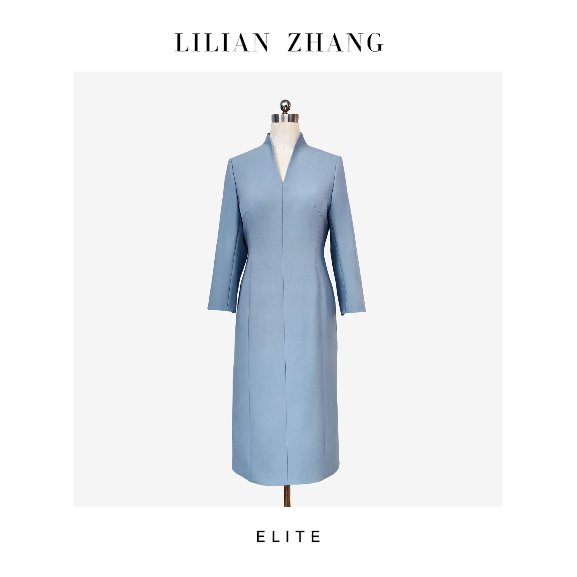 定制—东方意蕴—中式老钱—Lady挚爱、天空蓝V立领长袖连衣裙2401184