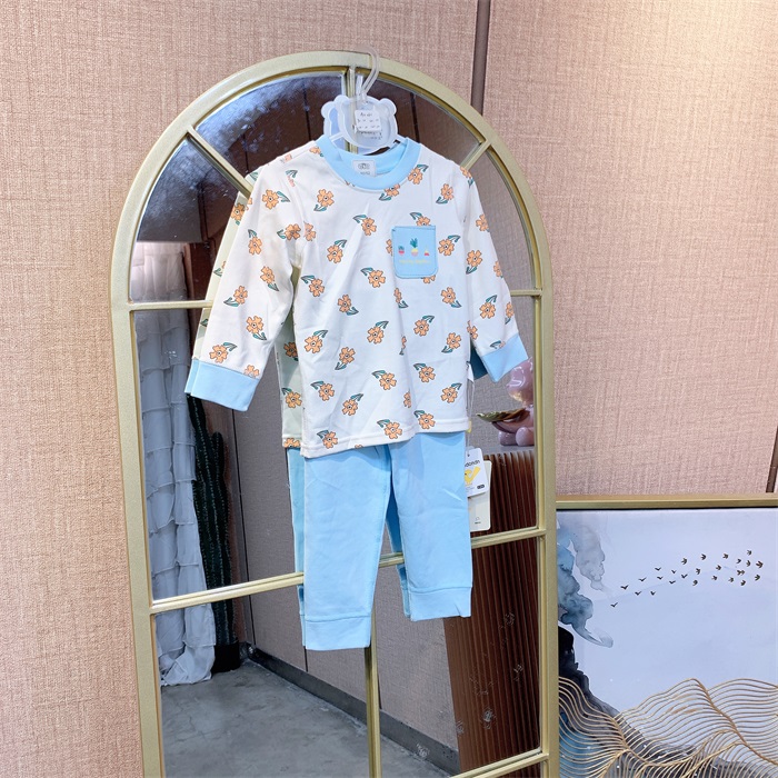 AM060   宝宝蓝色拼接秋衣套装  