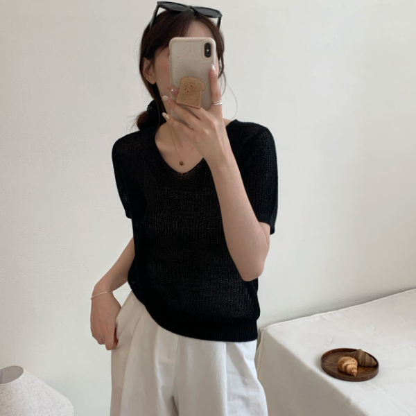 【素简.630196】夏季新款时尚高端进口和纸纱净版鸡心领针织衫