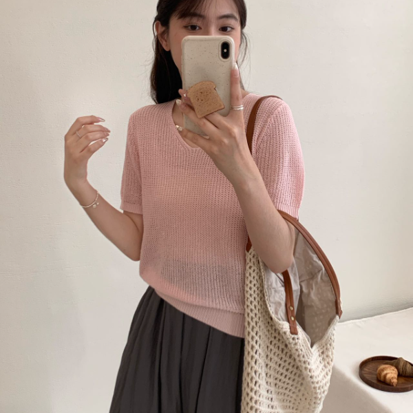 【素简.630196】夏季新款时尚高端进口和纸纱净版鸡心领针织衫