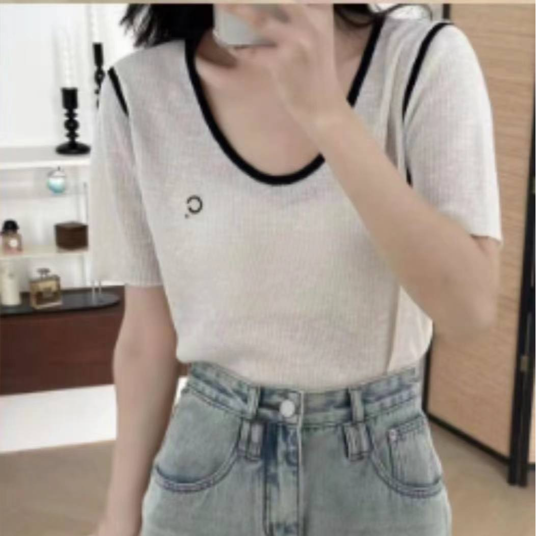 【素简.870156】夏季韩版领子拼色刺绣百搭凉爽透气显瘦针织衫