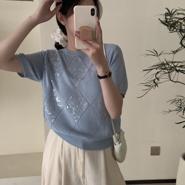 【素简.910170】夏季新款圆领韩版休闲菱形格亮片超透气针织衫