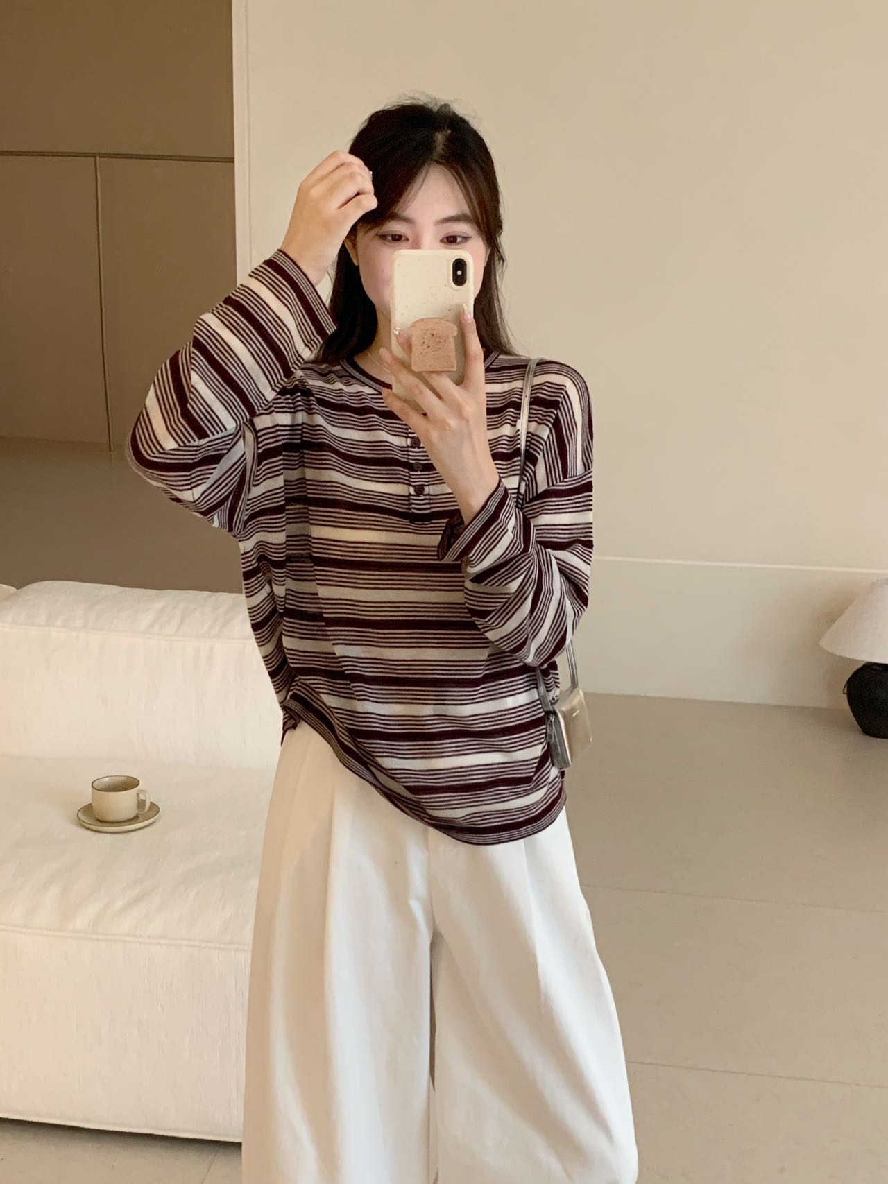 【素简.800161】30羊毛混纺显瘦百搭长袖条纹五粒扣韩版宽松羊毛衫