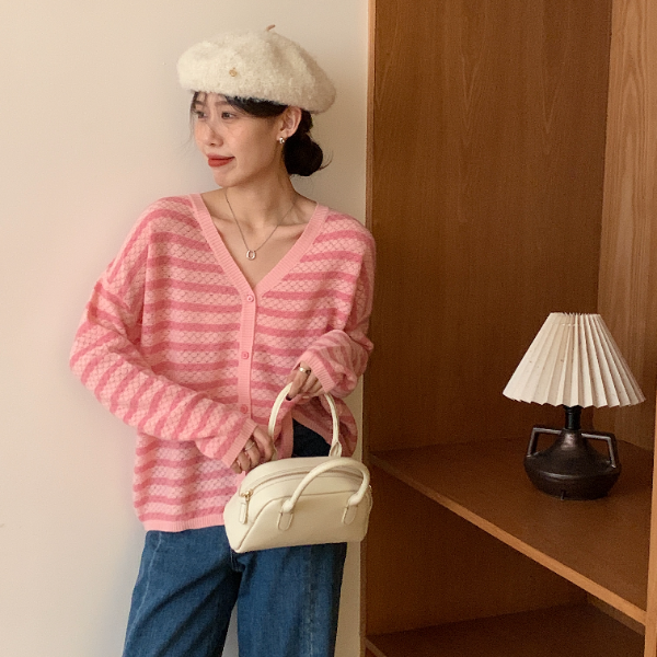 【素简.610121】夏季新款透气100羊毛条纹撞色百搭针织开衫