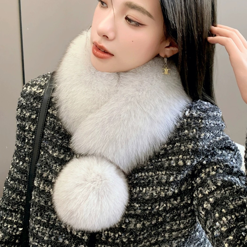 冬季真狐狸毛围脖可爱双面獭兔女百搭围巾皮草磁扣款毛球保暖毛领