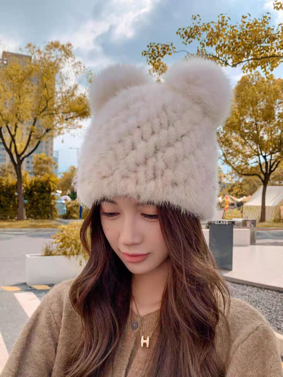 水貂毛编织帽子女冬季保暖可爱狐狸毛球护耳皮草帽米奇亲子真毛帽