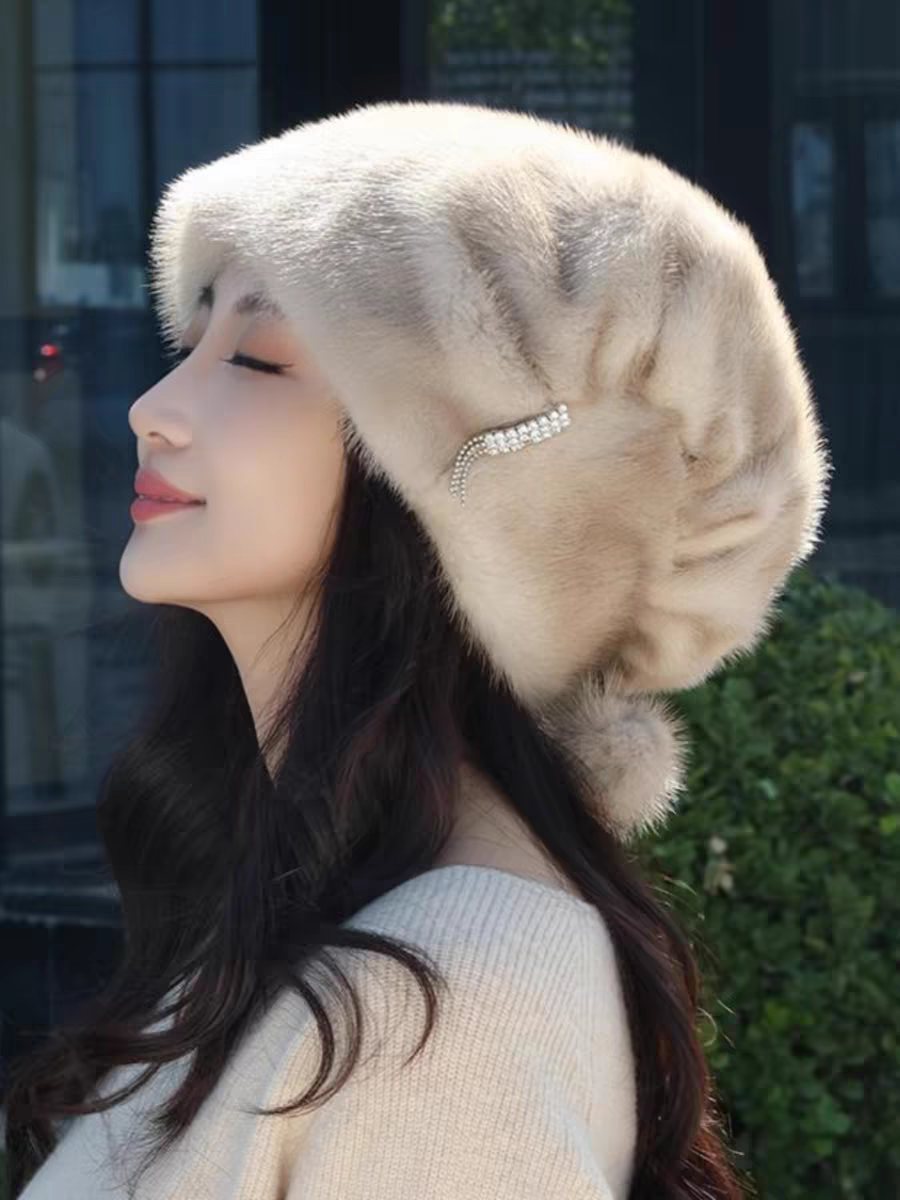 水貂毛帽子女冬季进口整貂皮时尚保暖护耳皮草圣诞帽真皮保暖东北