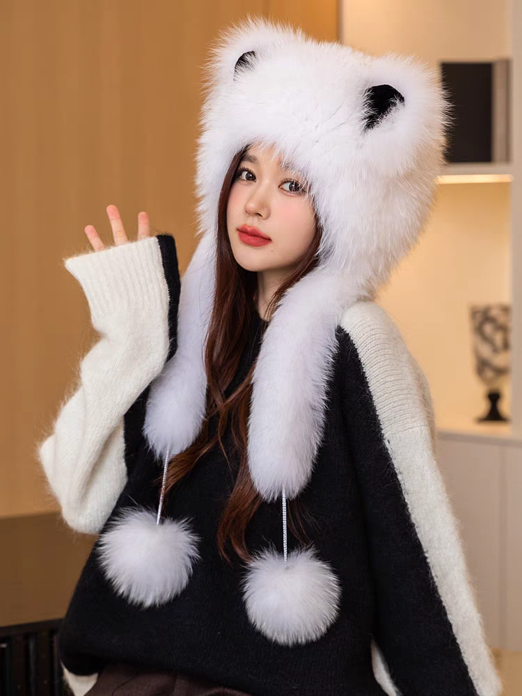 秋冬狐狸毛帽子围巾一体女新款可爱甜美保暖护耳风雪帽东北雷锋帽