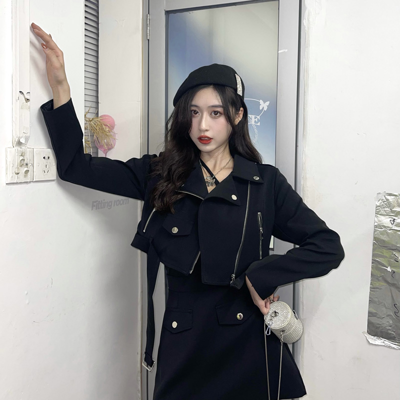 【机车服】大码长袖机车短款拉链外套炸街设计感修身半身裙两件套