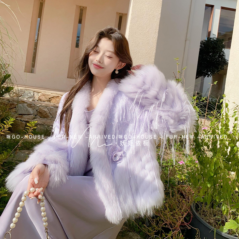 【妖姬衣橱】重工流苏亮片花朵名媛风显瘦狐狸毛毛皮草外套女