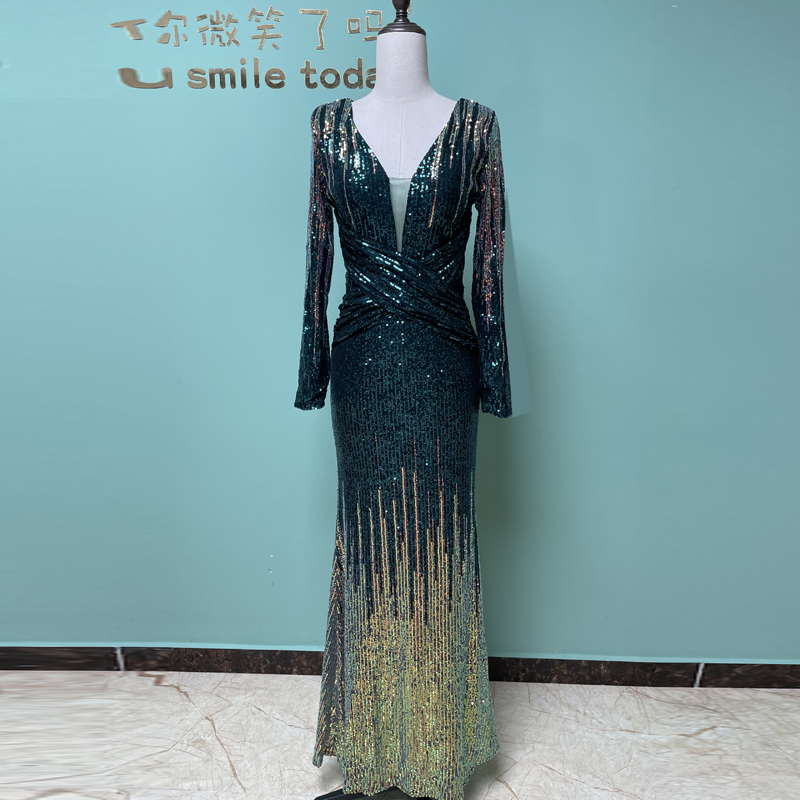 珠片晚礼服婚宴会气质优雅显瘦定位亮片长袖轻奢主持人年会长款裙