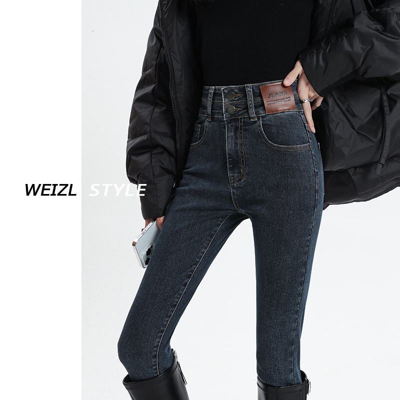 高腰配靴子薄绒牛仔裤女外穿2025秋冬新款紧身显瘦加绒小脚铅笔裤