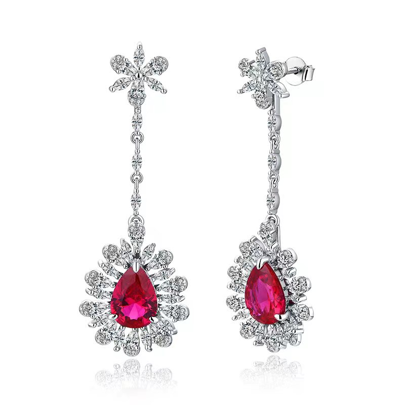 925银耳饰 银耳环气质轻奢红色长款经典镶嵌豪华复古精致优雅满钻